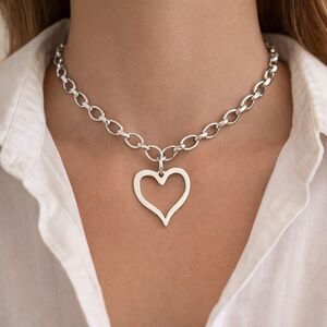 Zara Modern Silver Tone Open Heart Pendant Necklace Chunky Chain Minimalist